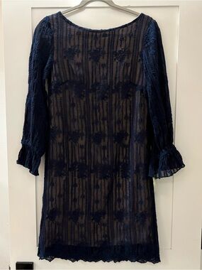 Sundance Angelina Navy Blue Embroidered Mesh Cupro Dress XS Boho